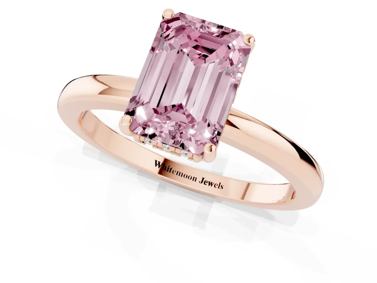 Fancy Pink Emerald Cut Solitaire Diamond Ring with Prong Setting and Plain Band Rose gold