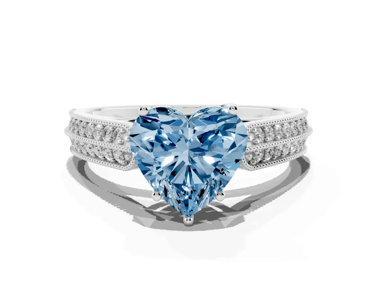 Fancy Blue Heart Cut Cut Pave Split Shank Engagement Ring with Four-Prong Setting Silver