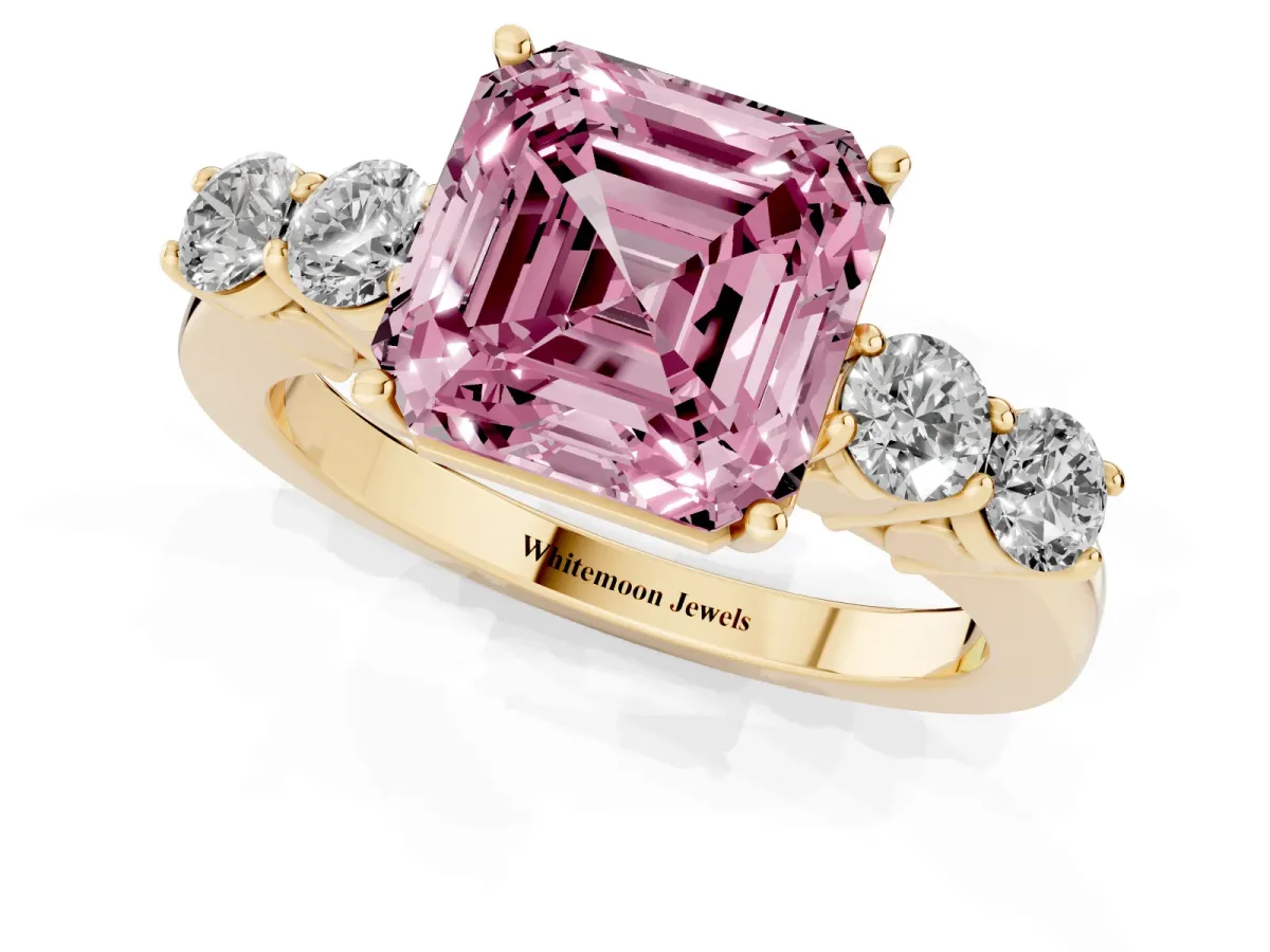 Fancy Pink Asscher Cut Cut Diamond Five-Stone Prong Set White Gold Ring Yellow gold
