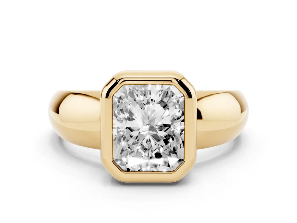 Bezel Set Radiant Cut Solitaire Ring with Wide Band Yellow gold