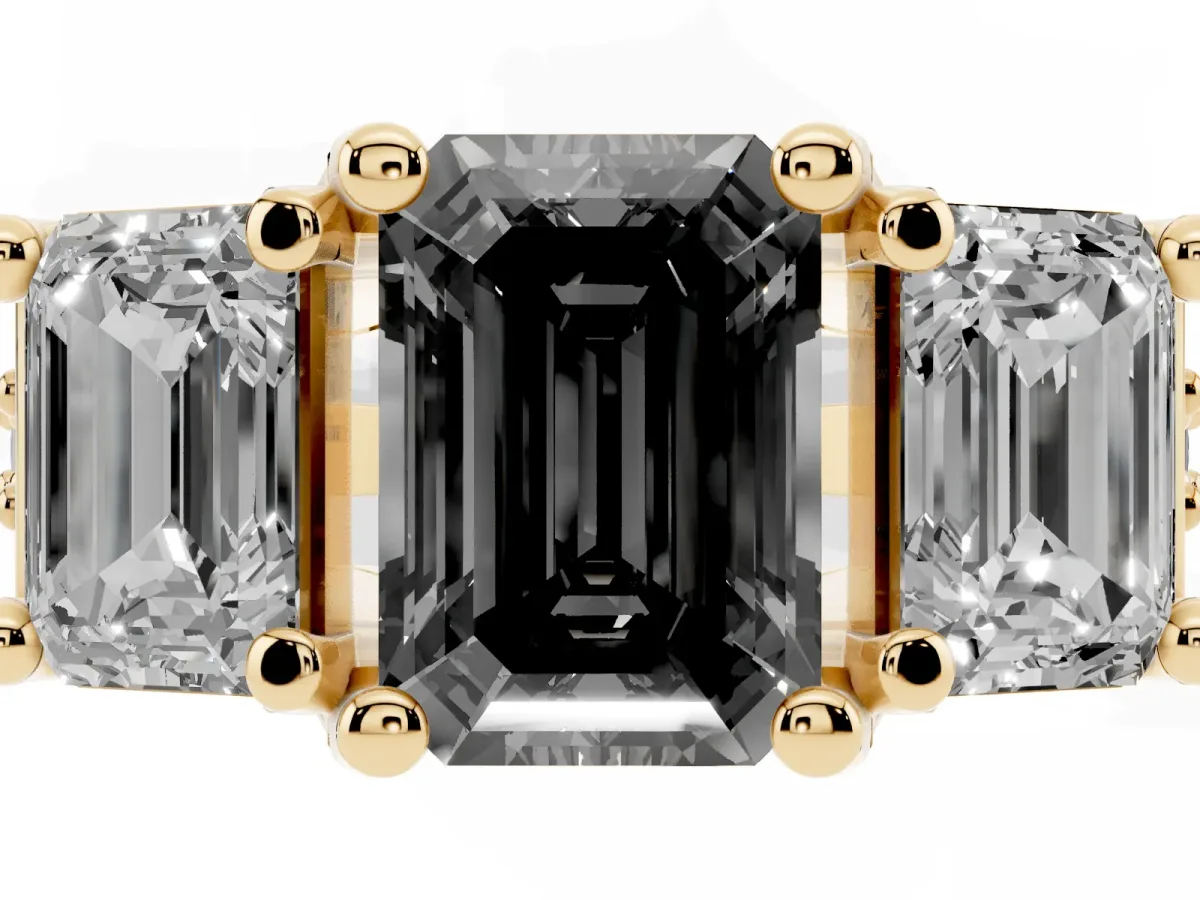 Fancy Black Emerald Cut Diamond Three-Stone Ring with Channel Set Band and Four-Prong Setting Yellow gold