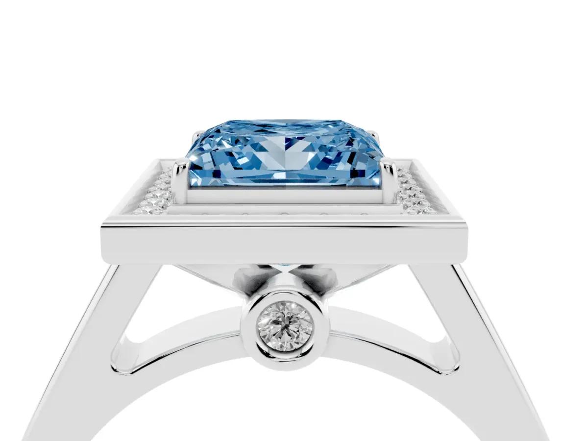 Fancy Blue Princess Cut Halo Solitaire Diamond Ring with Pave Band and Bezel Setting White gold