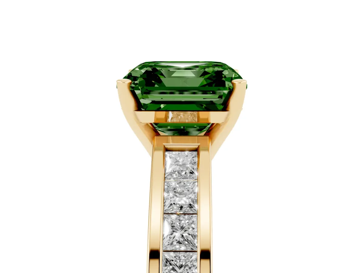 Fancy Green Asscher Cut Solitaire Diamond Ring with Channel-Set Band and Four-Prong Setting Yellow gold