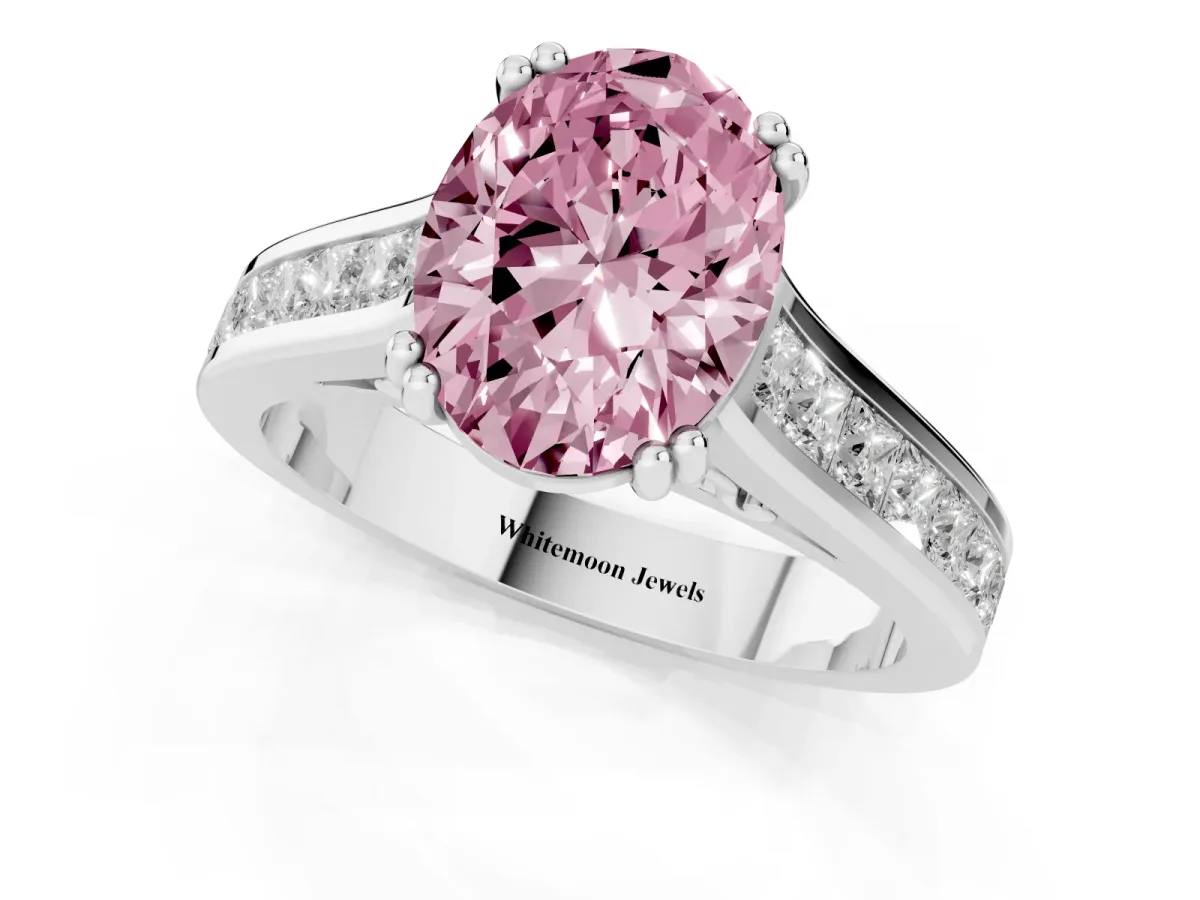 Fancy Pink Oval Cut Cut Channel Set Solitaire Engagement Ring with Prong Setting Silver