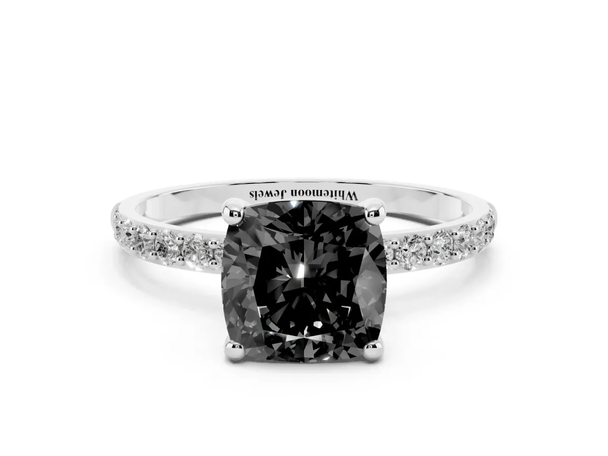 Fancy Black Cushion Cut Diamond Solitaire Ring with Round Pavé Band and Prong Setting Silver