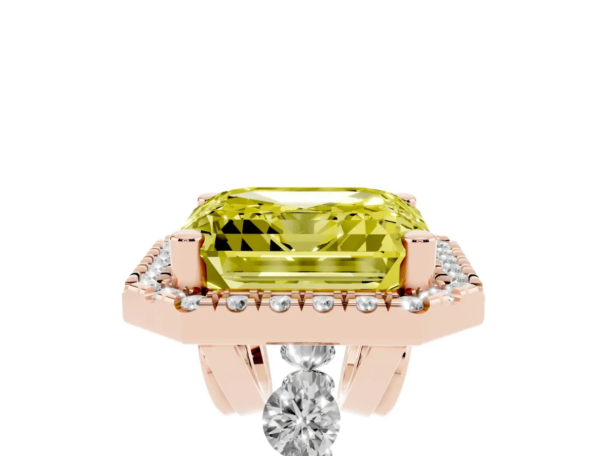 Fancy Yellow Asscher Cut Halo Pavé Diamond Engagement Ring with Four-Prong Setting Rose gold