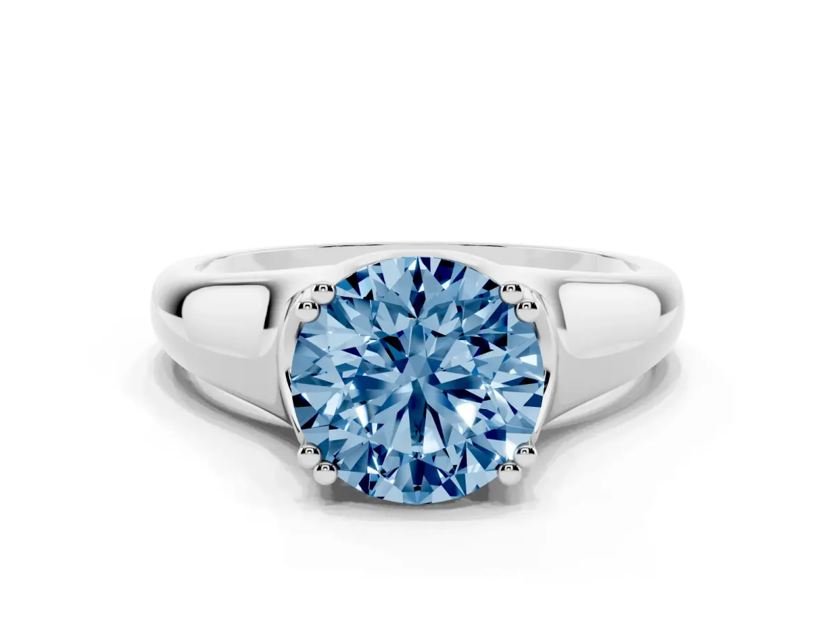 Fancy Blue Round Cut Diamond Solitaire Ring with Wide Band and Prong Setting Silver