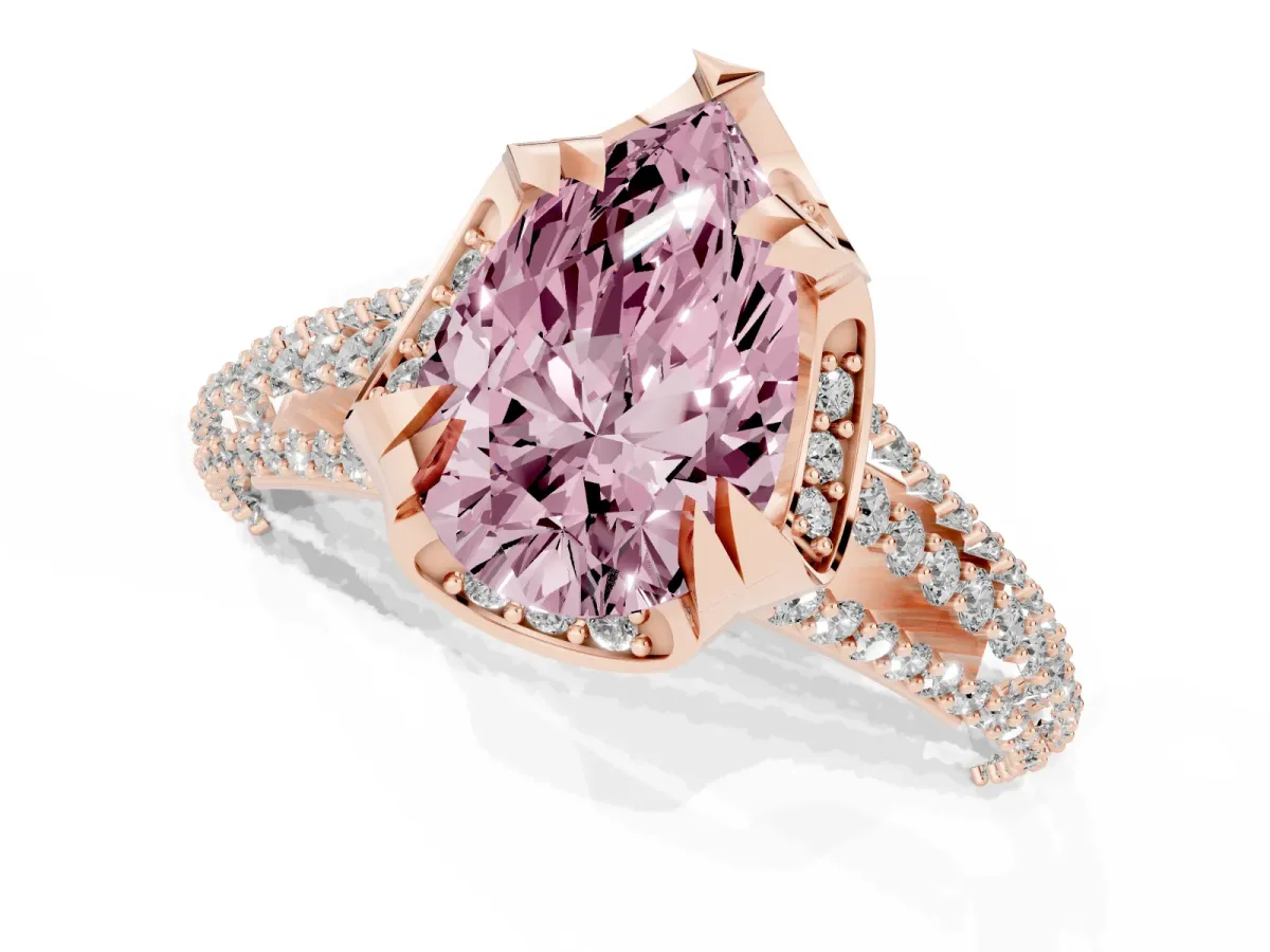 Fancy Pink Pear Cut Solitaire Pave Split Shank Ring with Four-Prong Setting Rose gold