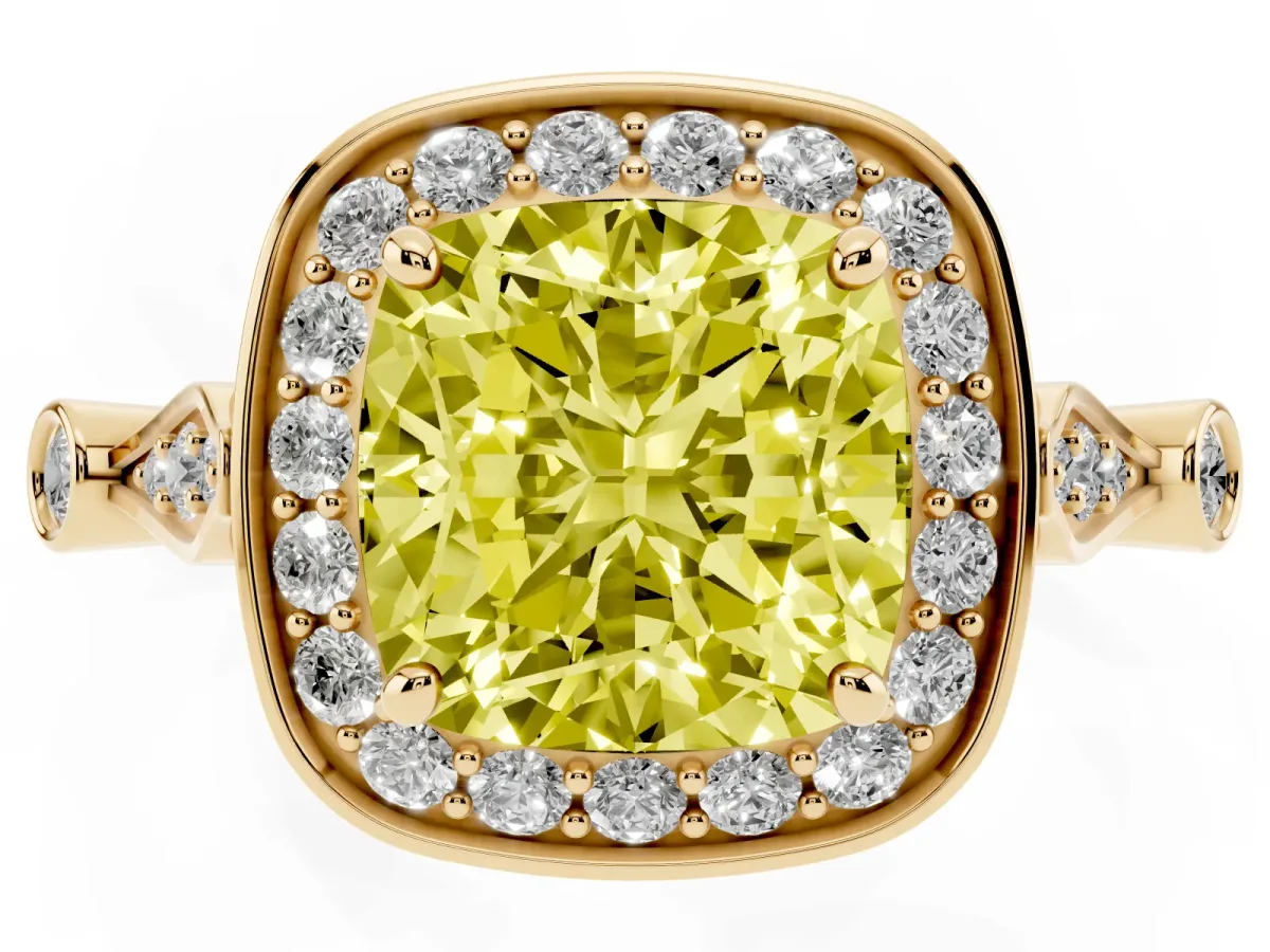 Fancy Yellow Cushion Cut Halo Diamond Engagement Ring with Twisted Band and Four-Prong Setting Yellow gold