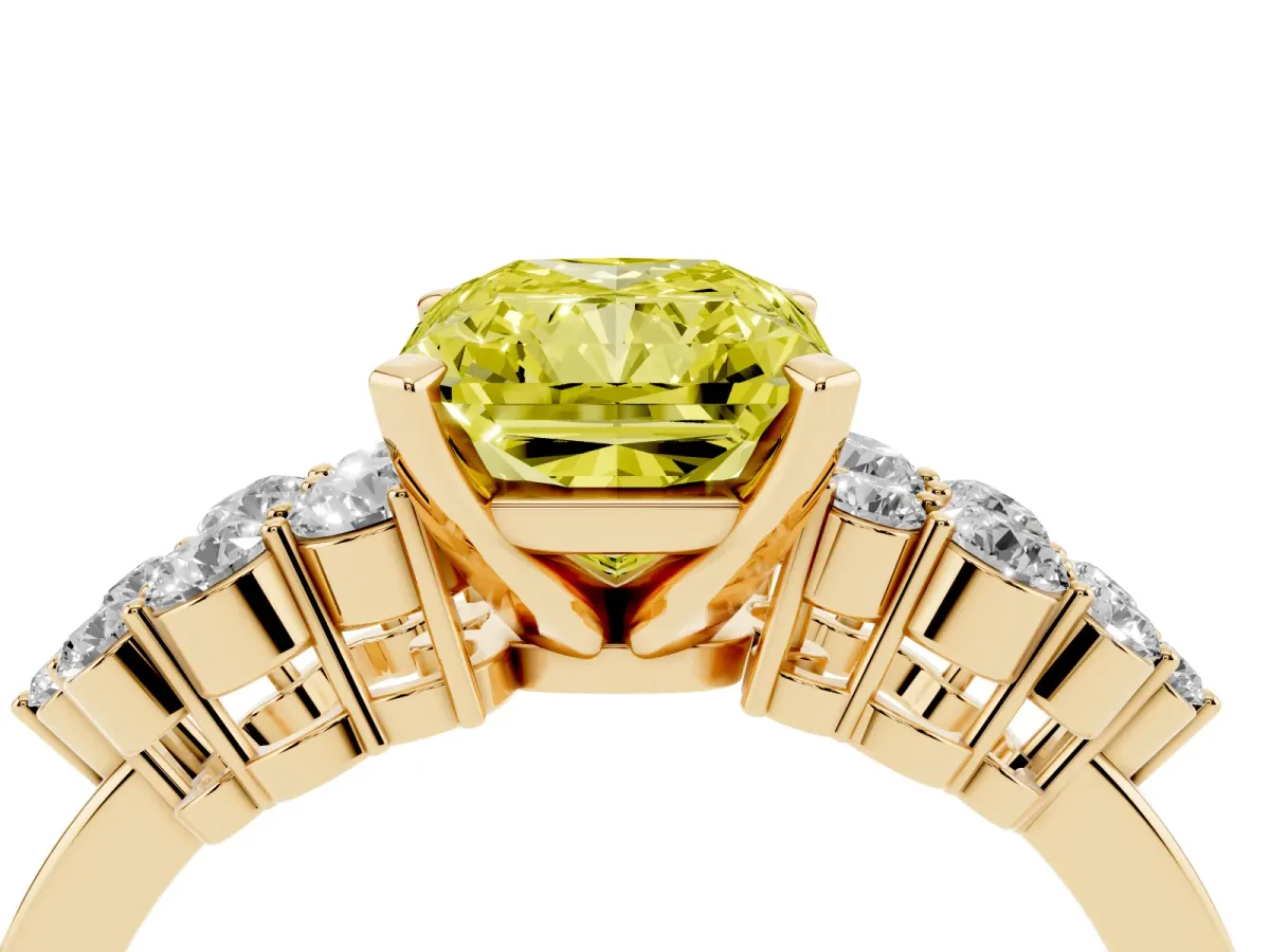 Fancy Yellow Radiant Cut Cluster Diamond Engagement Ring with Pavé Band and Four-Prong Setting Yellow gold