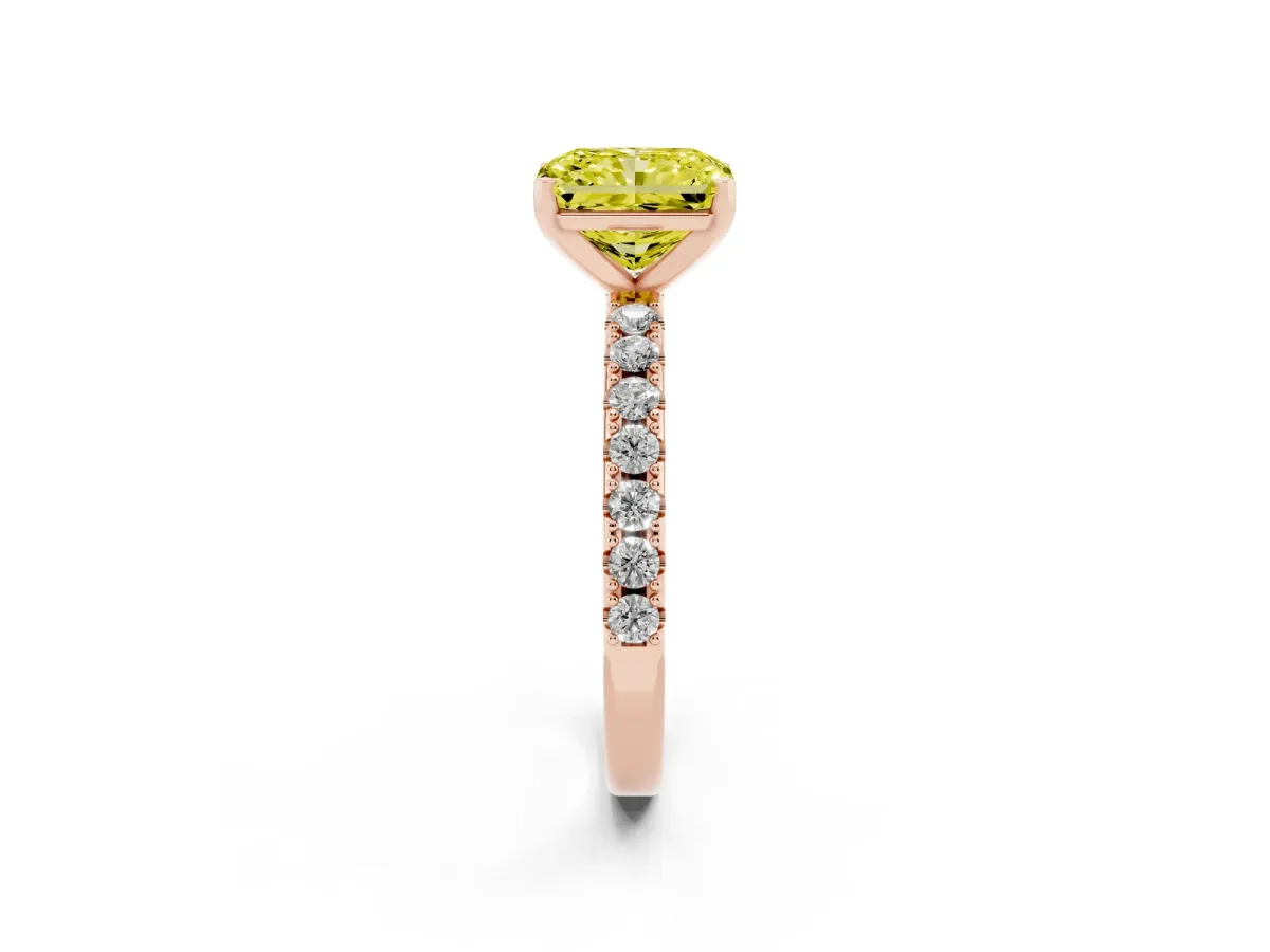 Fancy Yellow Radiant Cut Diamond Solitaire Pavé Band with Four-Prong Setting Rose gold
