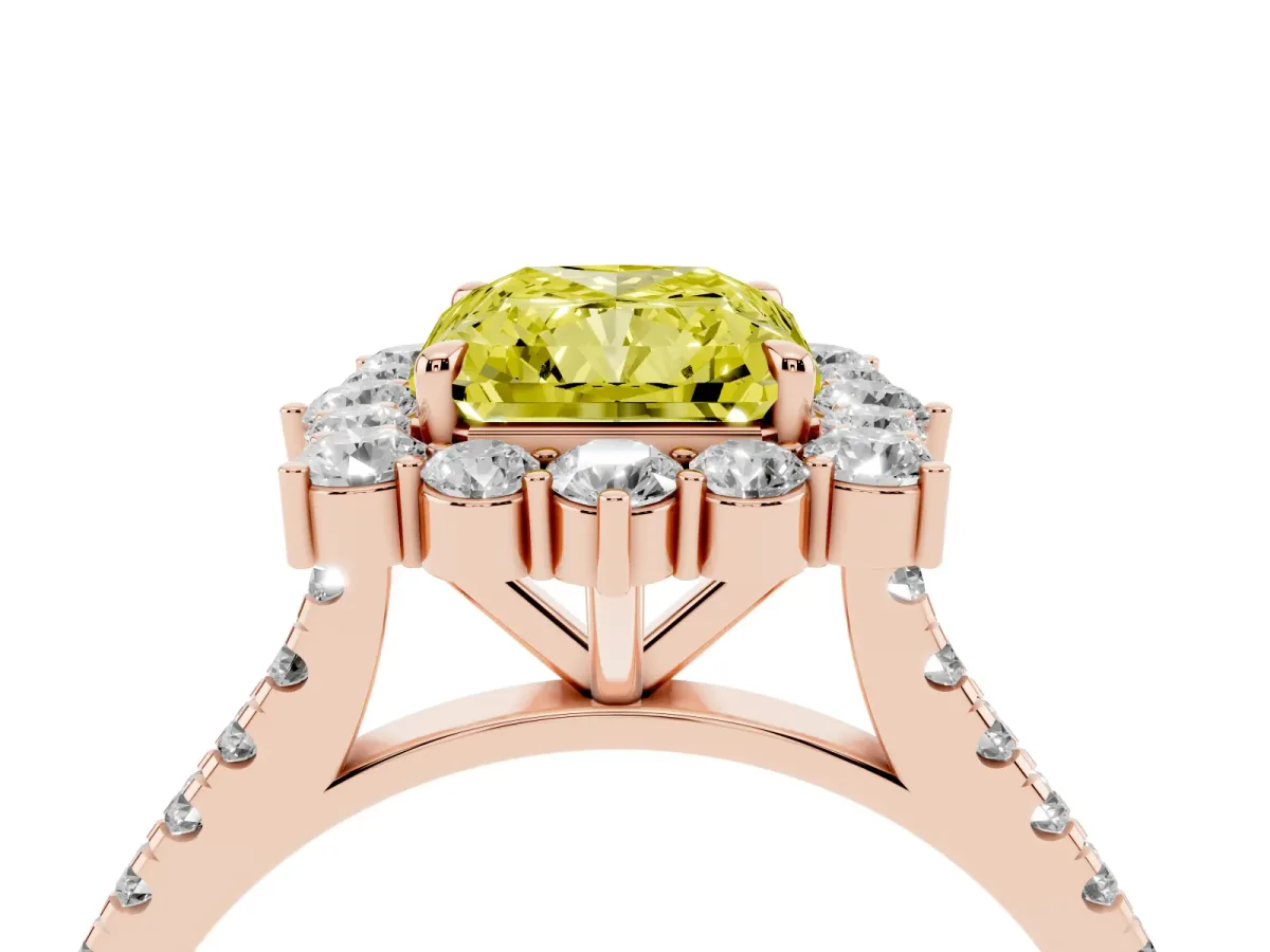 Fancy Yellow Radiant Cut Halo Diamond Ring with Pavé Band and Prong Setting Rose gold