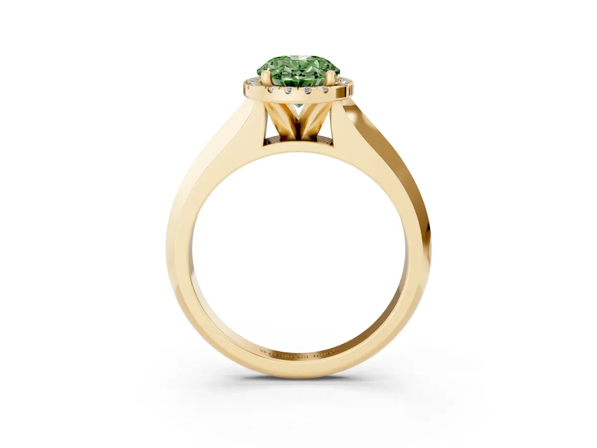 Fancy Green Oval Cut Halo Diamond Ring with Cathedral Band and Four-Prong Setting Yellow gold