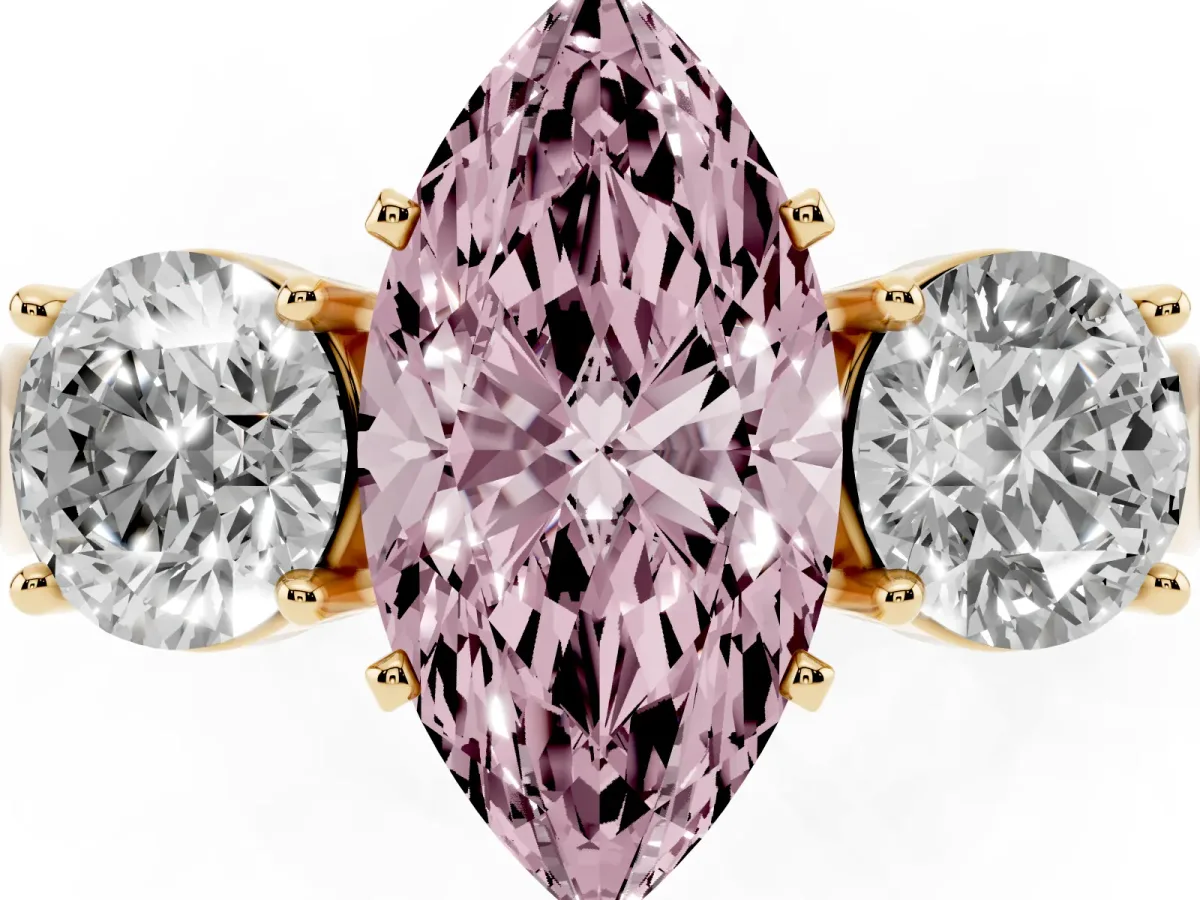 Fancy Pink Three-Stone Marquise Cut Diamond Ring with Round Side Stones, Classic Band, and Four-Prong Setting Yellow gold