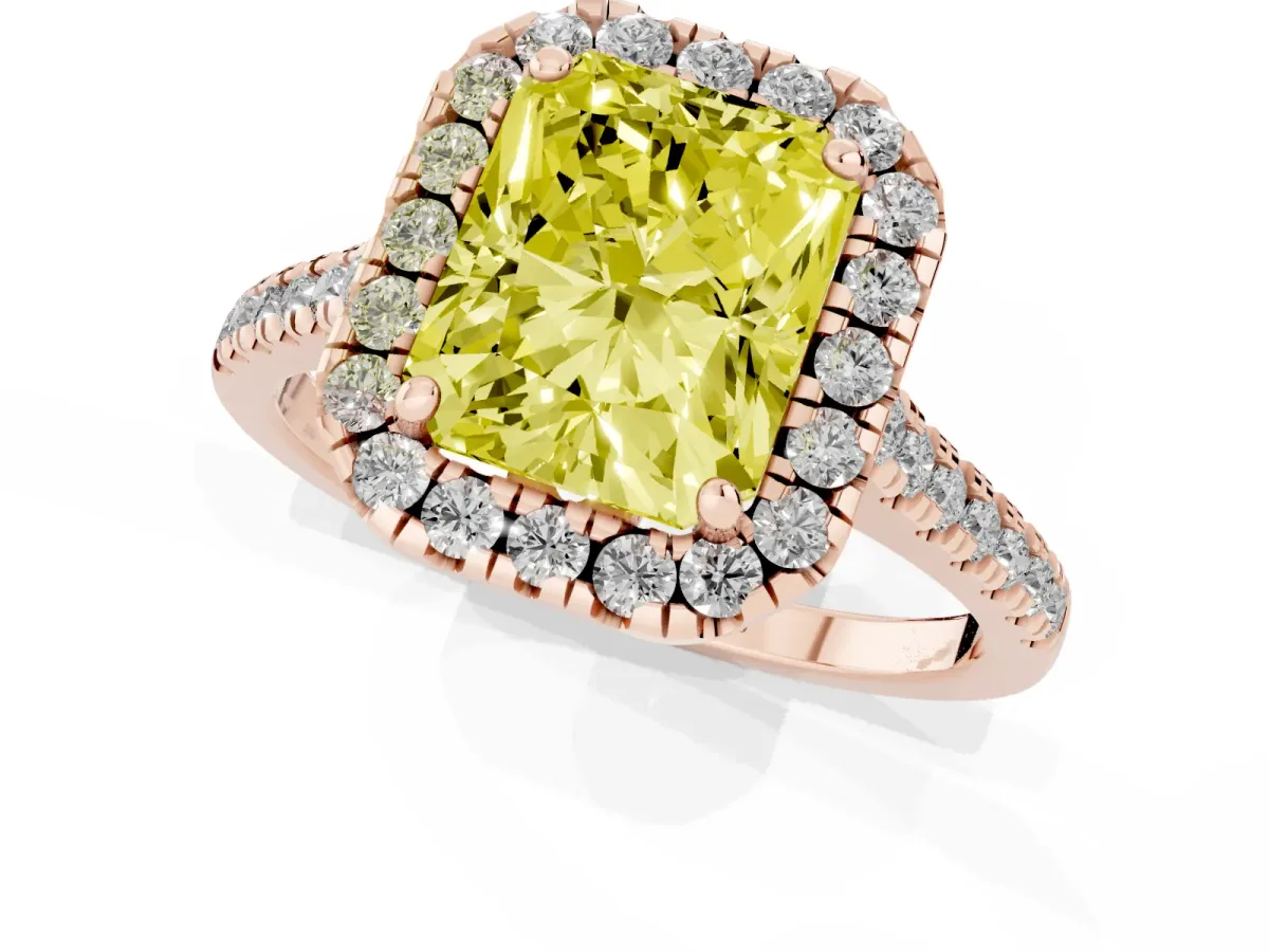 Fancy Yellow Radiant Cut Diamond Cushion Halo Ring with Pavé Band Rose gold