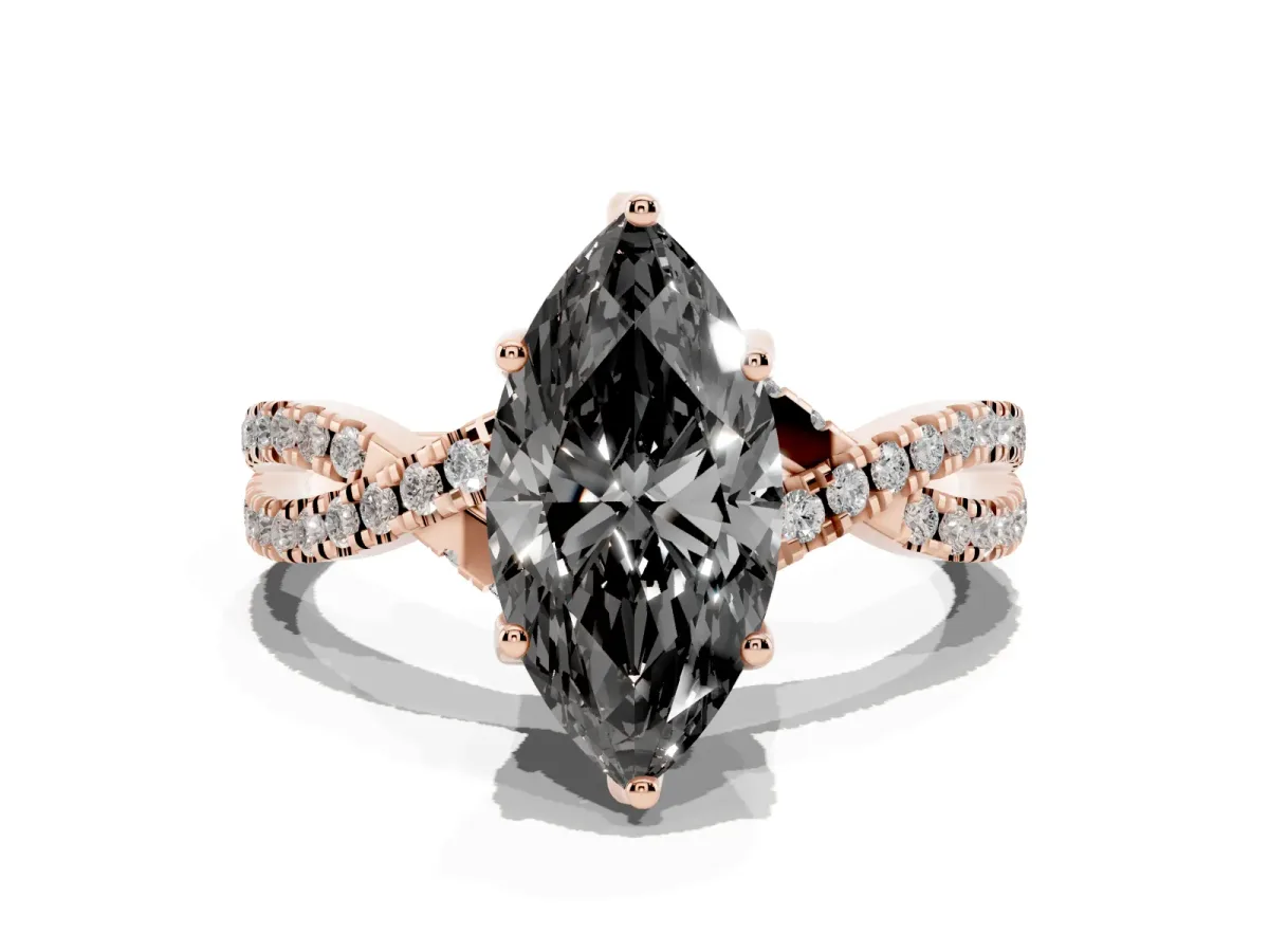 Fancy Black Marquise Cut Solitaire Twist Pave Diamond Engagement Ring with Prong Setting Rose gold