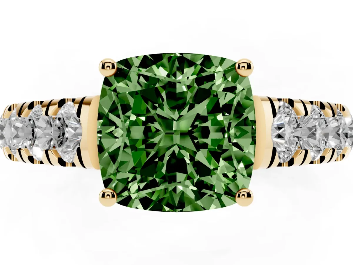Fancy Green Cushion Cut Cut Diamond Solitaire Ring with Micro Pave Band and Prong Setting Yellow gold