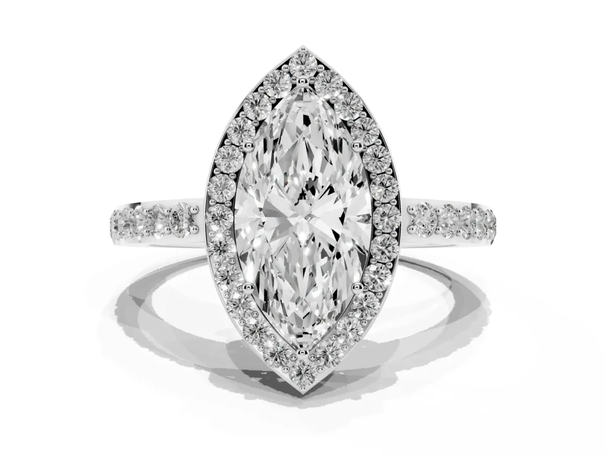 Marquise Cut Halo Diamond Pavé Band Ring with Prong Setting Silver