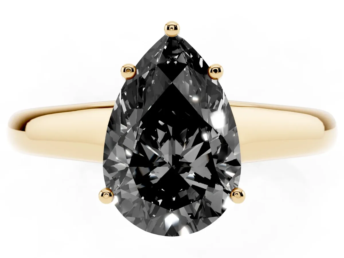 Fancy Black Pear Cut Solitaire Engagement Ring with Tapered Band and Four-Prong Setting Yellow gold