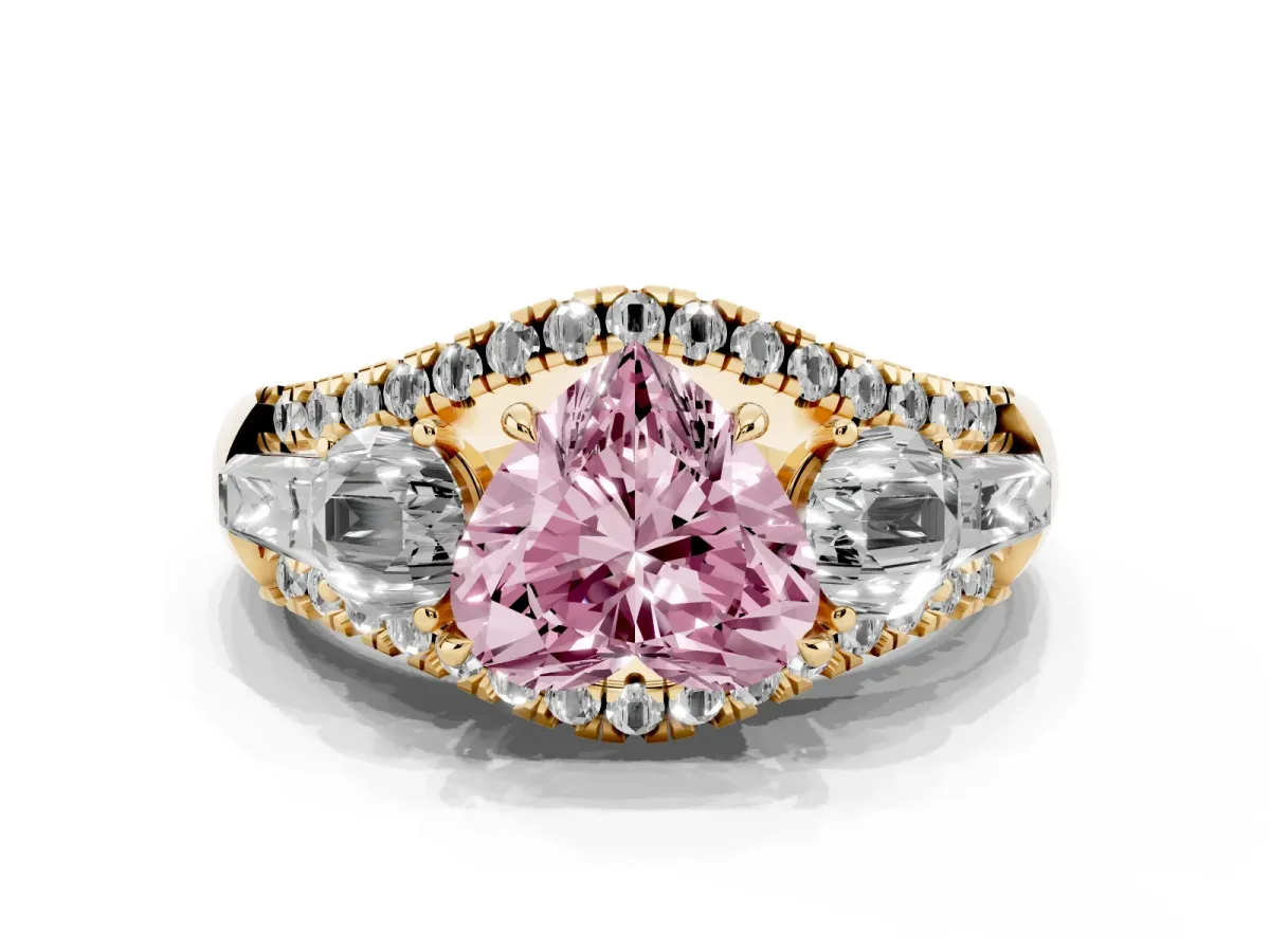 Fancy Pink Three-Stone Heart Cut Diamond Engagement Ring with Pave Band and Prong Setting Yellow gold