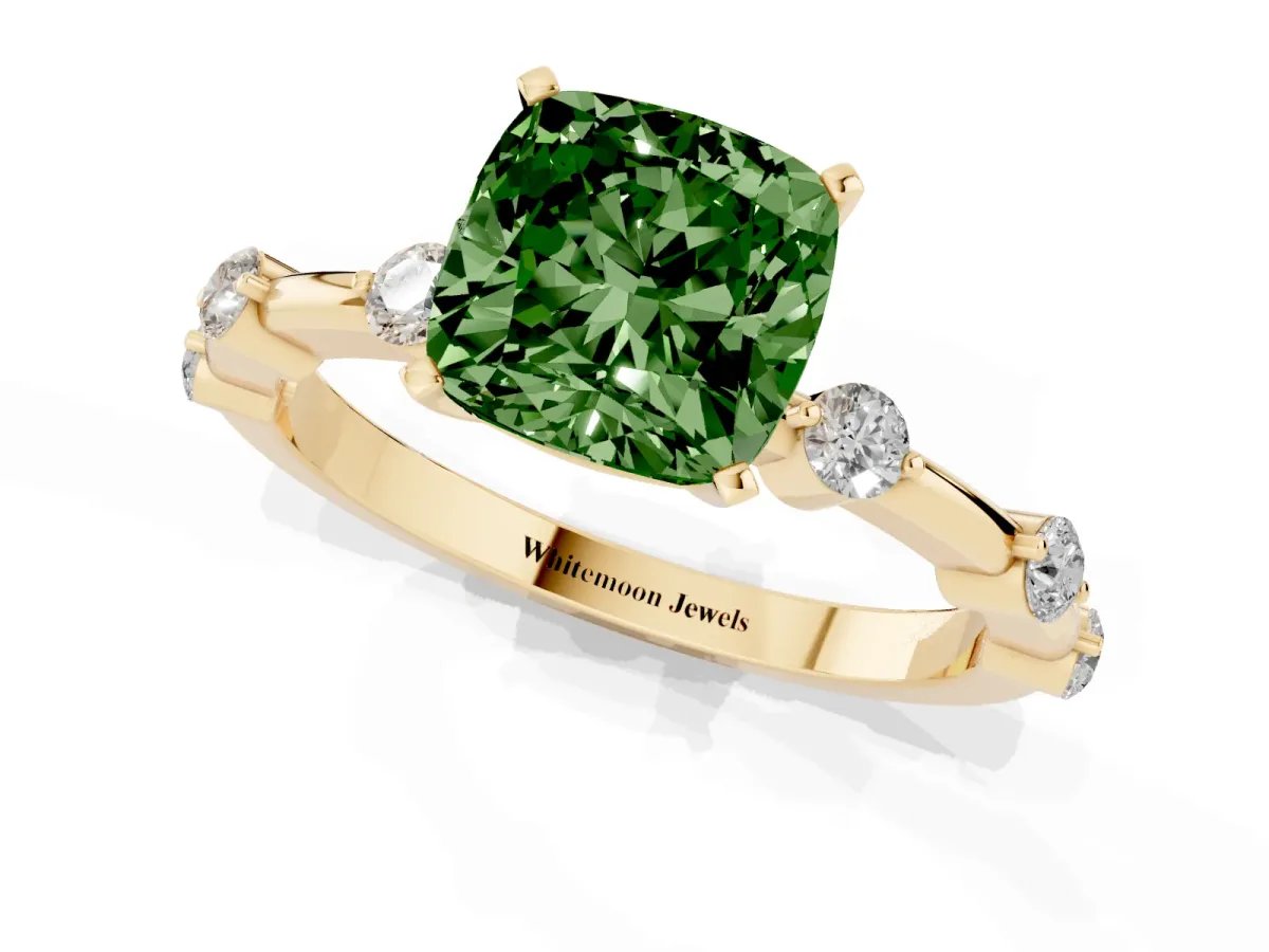 Fancy Green Cushion Cut Solitaire Diamond Ring with Bezel Set Side Stones and Prong Setting Yellow gold