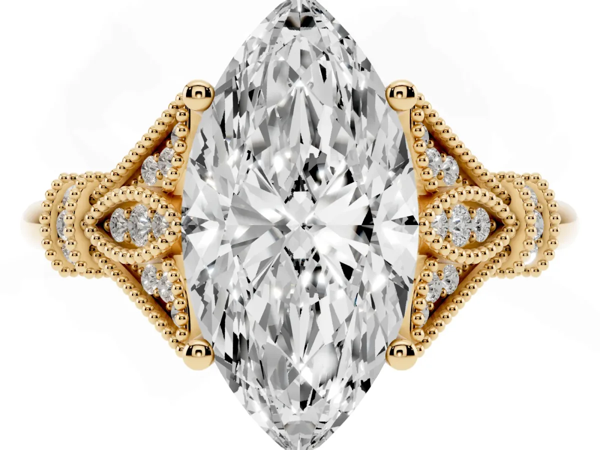 Marquise Cut Diamond Solitaire Ring with Floral Filigree and Pave Accents Yellow gold
