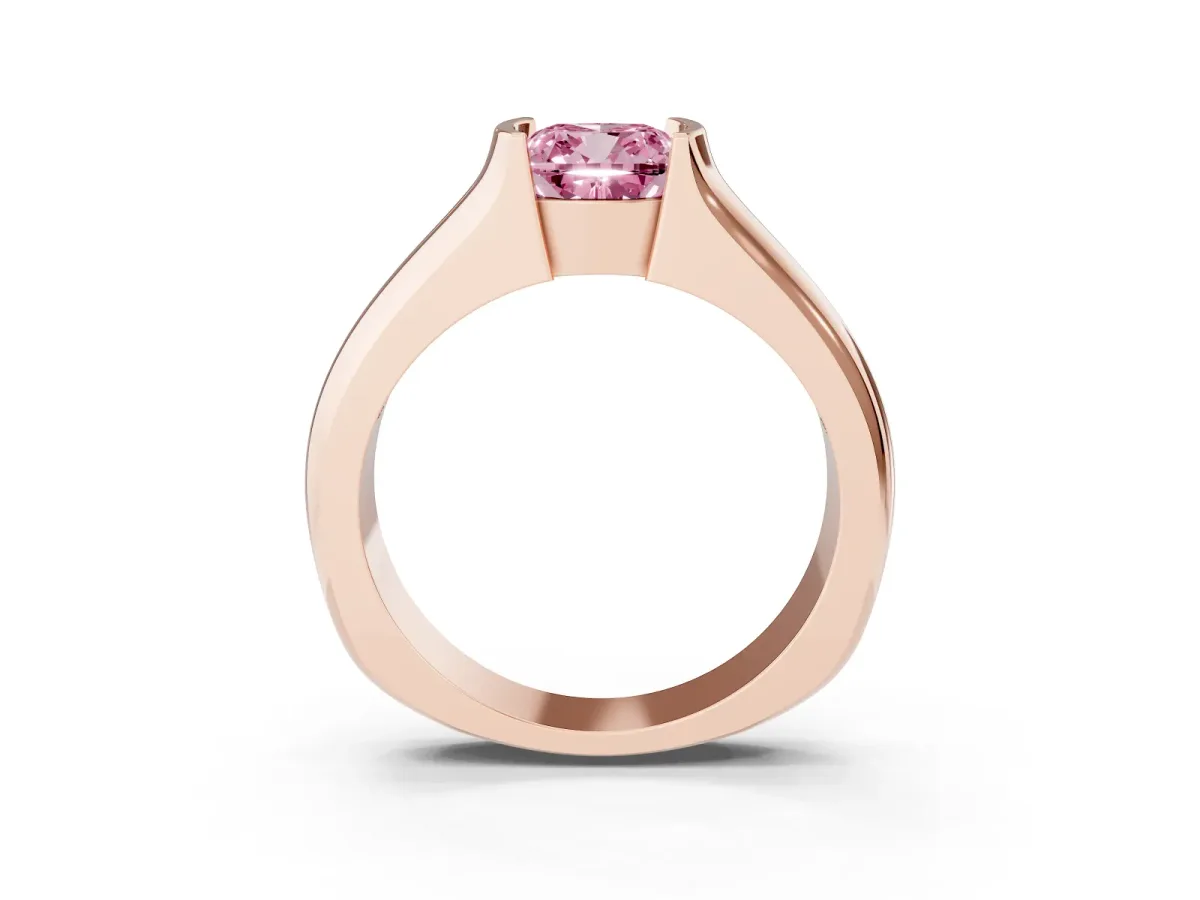 Fancy Pink Cushion Cut Solitaire Bezel Set Diamond Ring with Wide Band Rose gold