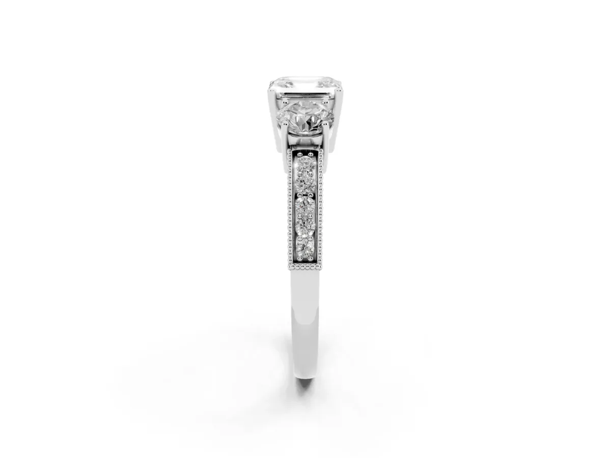 Asscher Cut Three-Stone Diamond Ring with Pavé Band and Four-Prong Setting Platinum