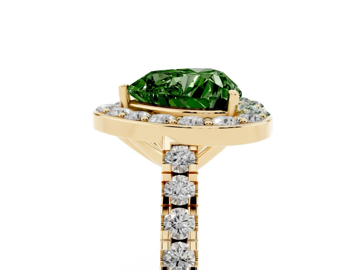 Fancy Green Heart Cut Diamond Halo Ring with Round Pavé Split Shank and Prong Setting Yellow gold