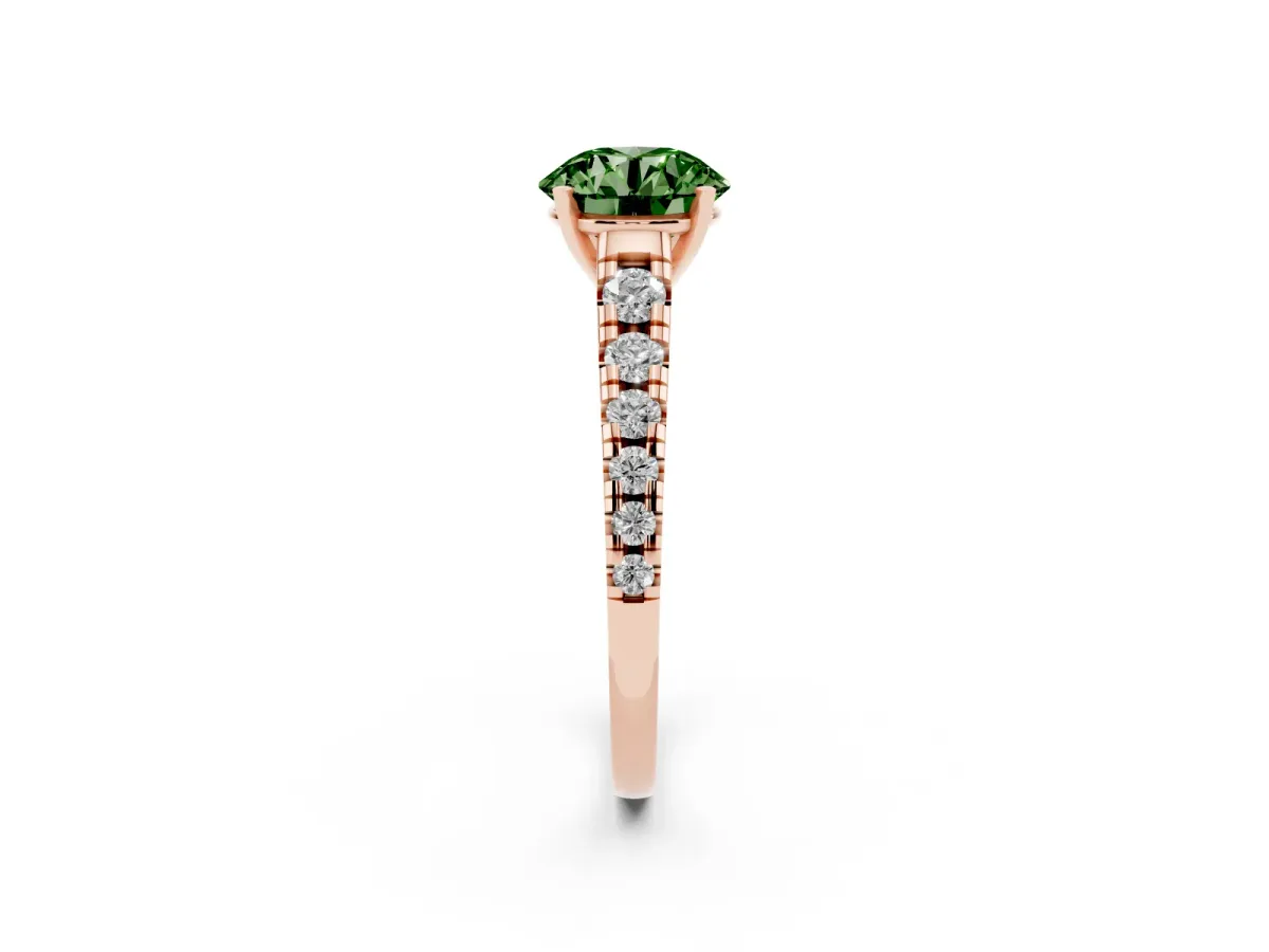 Fancy Green Round Cut Diamond Cathedral Solitaire Ring with Round Pavé Band Rose gold