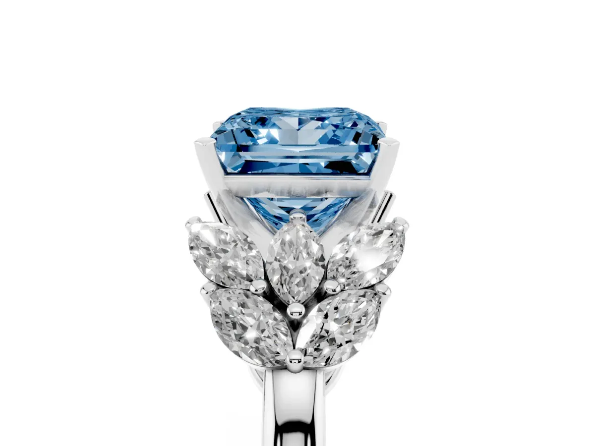 Fancy Blue Princess Cut Diamond Cluster Leaf Design Ring with Prong Setting Silver