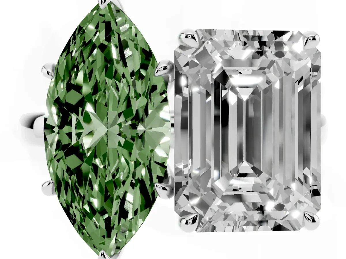 Fancy Green Marquise Cut and Emerald Cut Toi Moi Ring with Prong Setting Silver