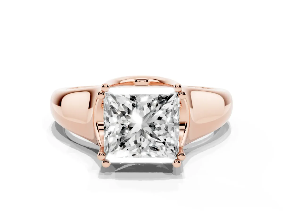 Princess Cut Diamond Solitaire Ring with Wide Band and Prong Setting Rose gold