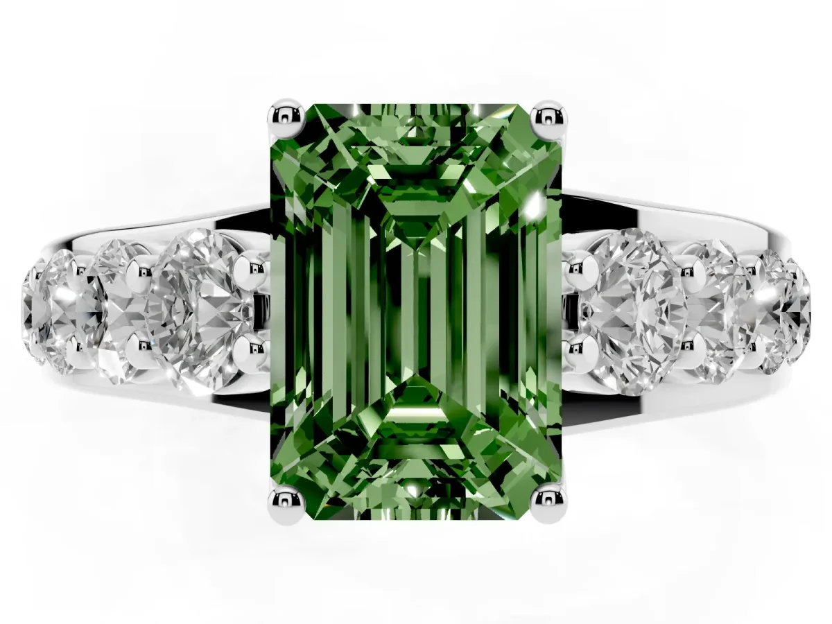 Fancy Green Emerald Cut Diamond Engagement Ring with Pavé Band and Four-Prong Setting Platinum