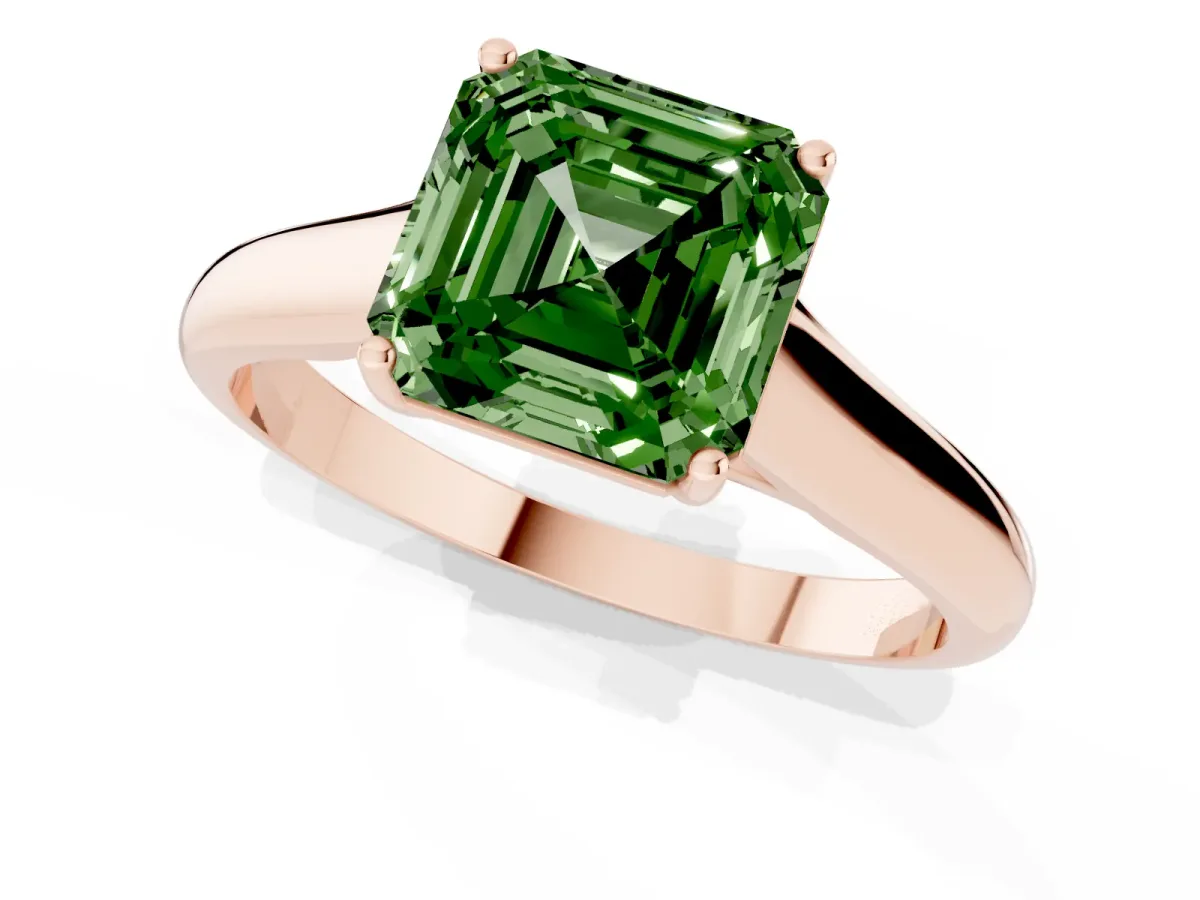 Fancy Green Asscher Cut Solitaire Engagement Ring with Tapered Band and Four-Prong Setting Rose gold