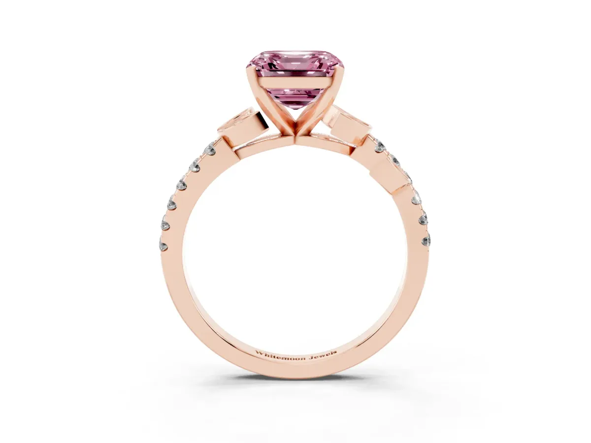 Fancy Pink Asscher Cut Solitaire Leaf-Inspired Diamond Ring with Pavé Band and Four-Prong Setting Rose gold