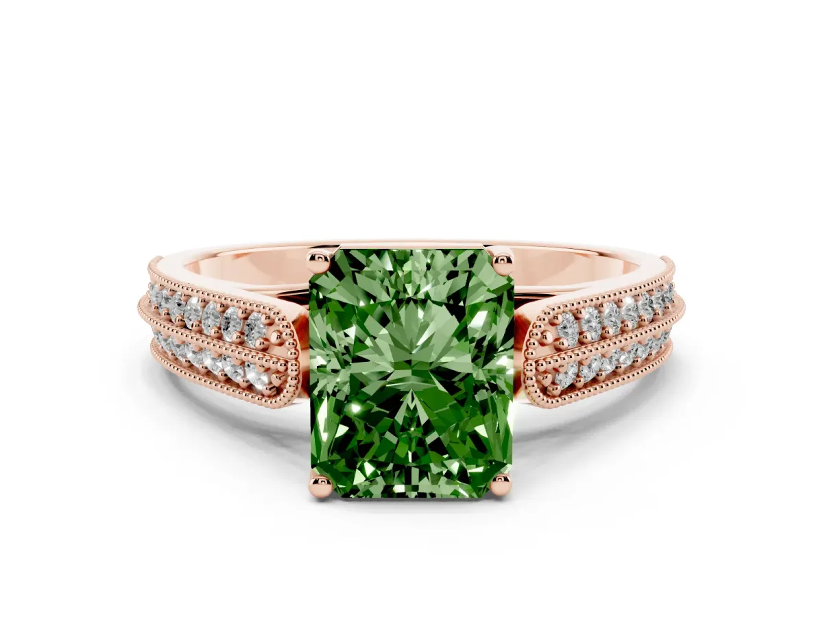 Fancy Green Radiant Cut Cut Pave Split Shank Engagement Ring with Four-Prong Setting Rose gold
