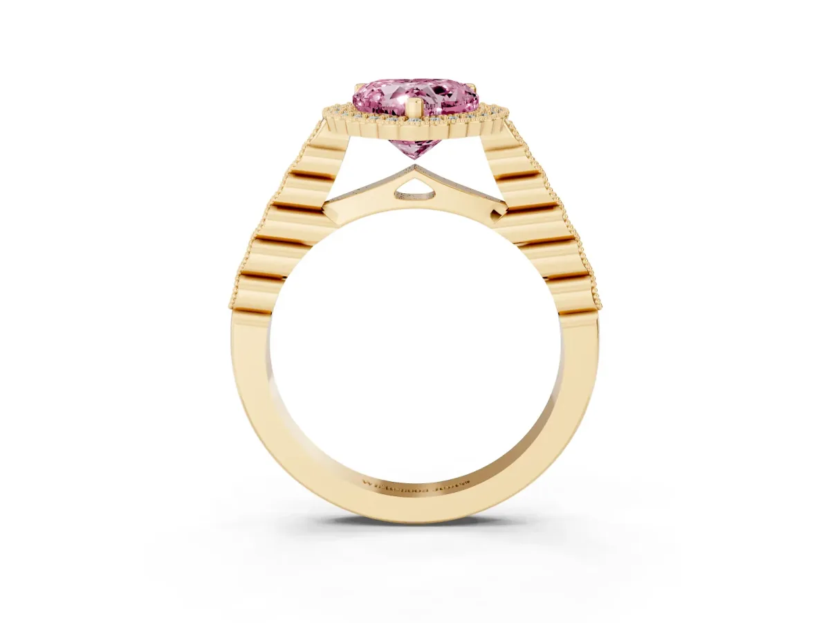 Fancy Pink Heart Cut Cut Halo Pavé Solitaire Ring with Milgrain Band Yellow gold