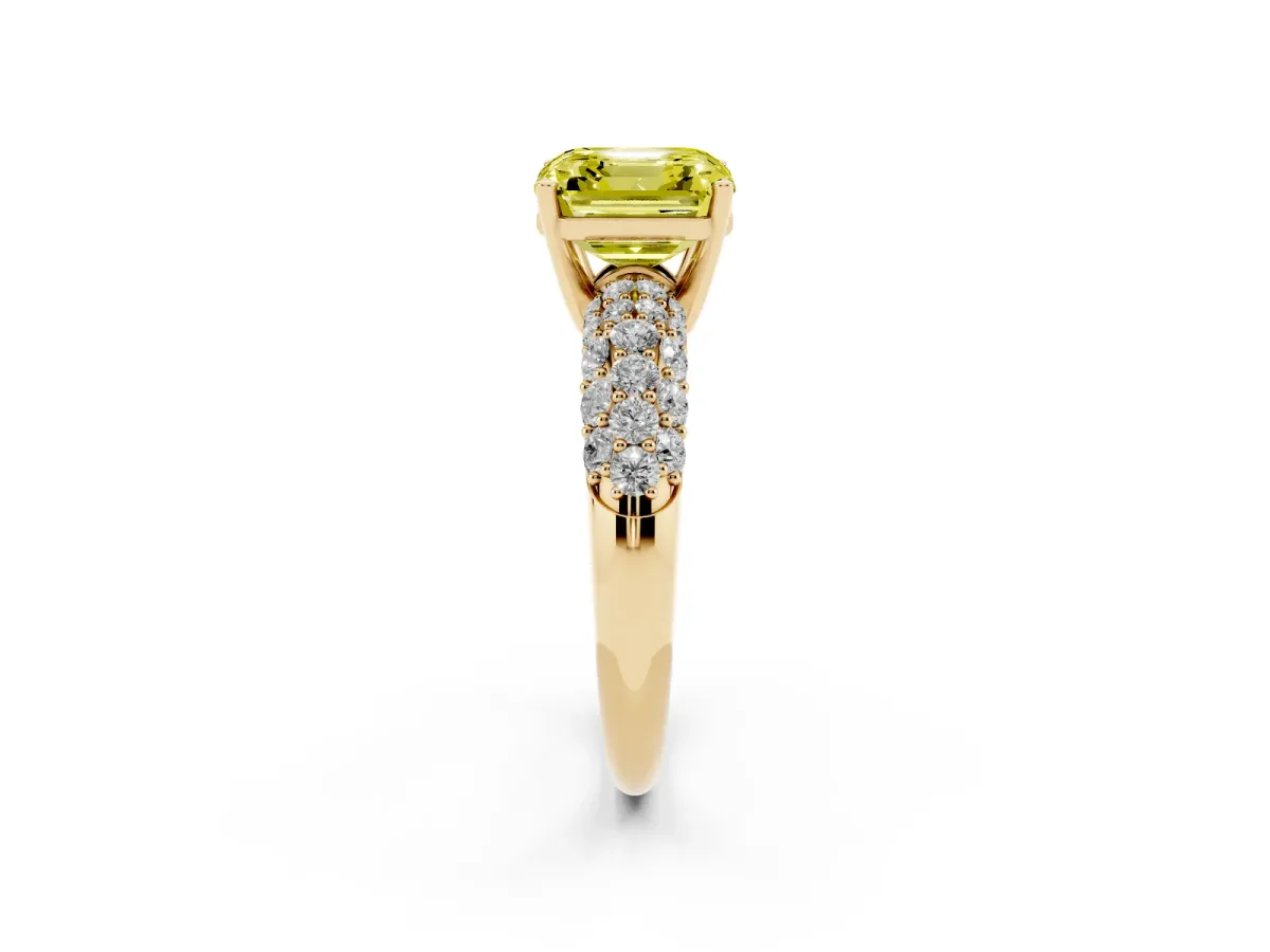 Fancy Yellow Asscher Cut Diamond Pavé Band Solitaire Ring with Four-Prong Setting Yellow gold