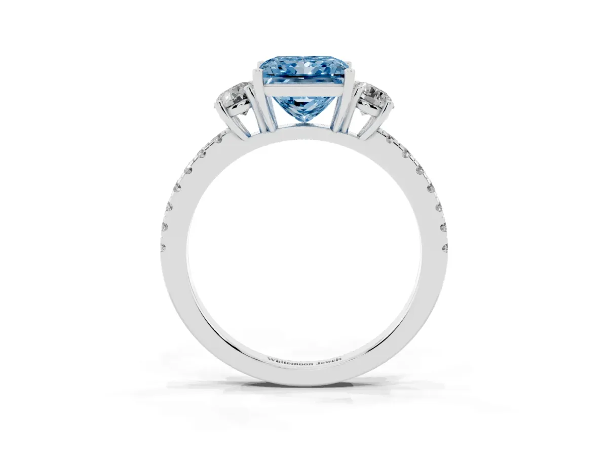 Fancy Blue Three-Stone Princess Cut Cut Diamond Pavé Band with Prong Setting Silver