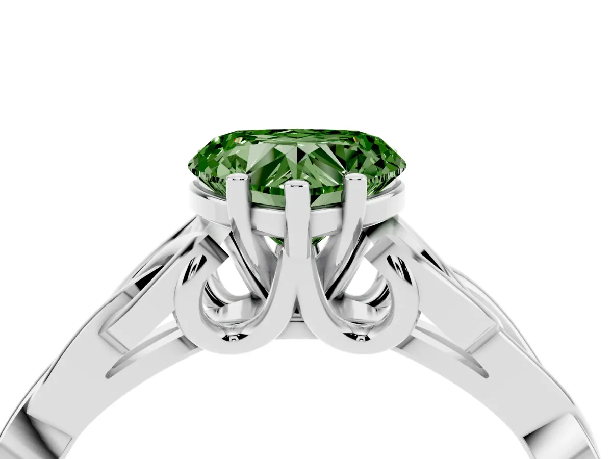 Fancy Green Heart Cut Diamond Solitaire Engagement Ring with Celtic Knot Band and Four-Prong Setting White gold