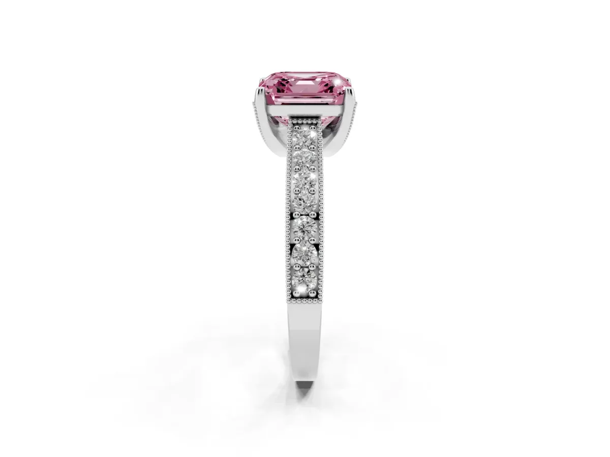 Fancy Pink Asscher Cut Cut Diamond Solitaire Ring with Milgrain Pave Band and Four Prong Setting Silver
