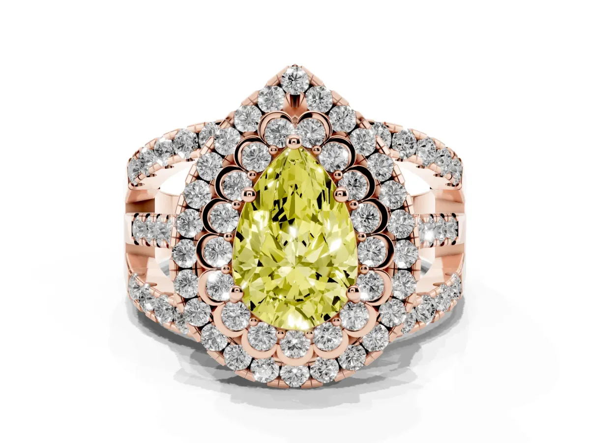 Fancy Yellow Pear Cut Diamond Double Halo Ring with Round Pavé Split Shank and Prong Setting Rose gold