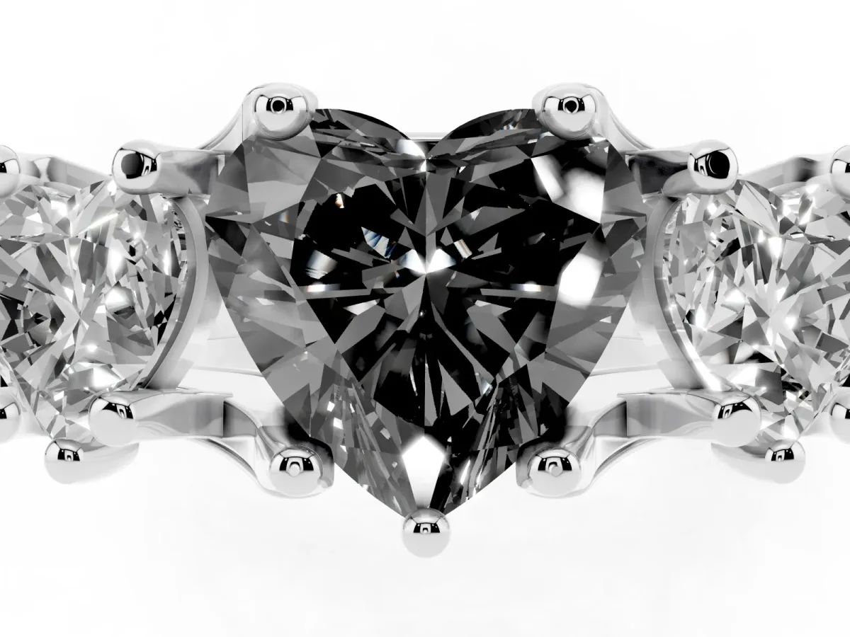 Fancy Black Heart Cut Diamond Three-Stone Ring with Channel Set Band and Four-Prong Setting Silver