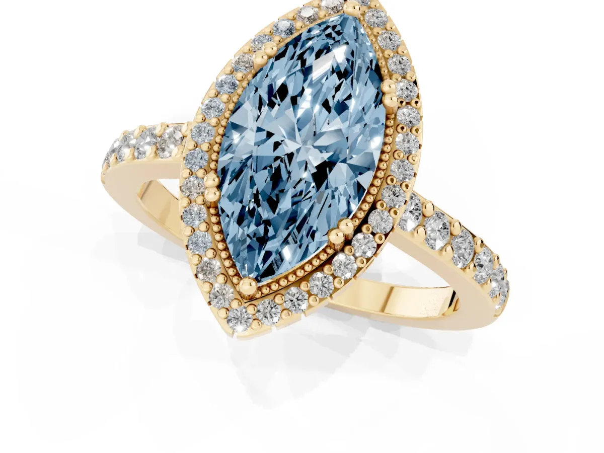 Fancy Blue Marquise Cut Cut Diamond Halo Engagement Ring with Milgrain Detail and Pavé Band Yellow gold