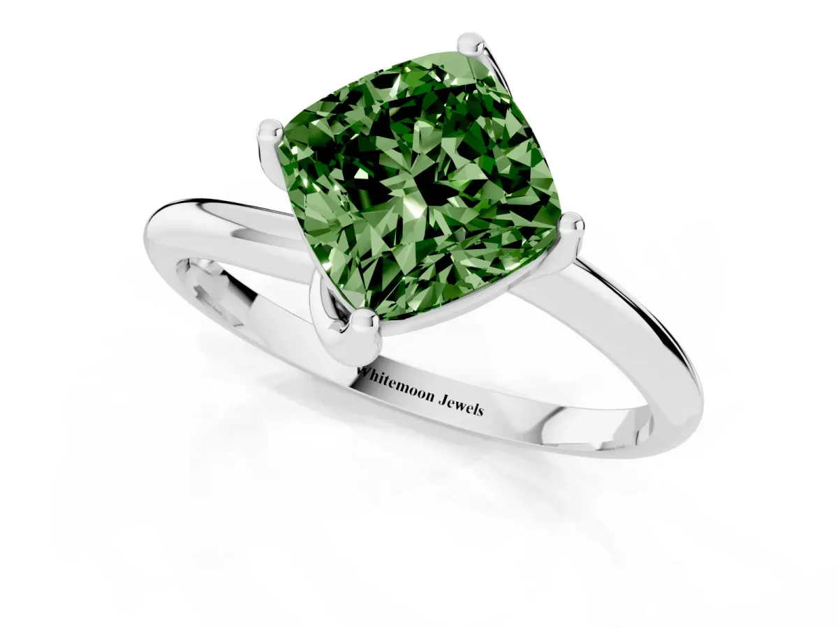 Fancy Green Cushion Cut Diamond Solitaire Engagement Ring with Four-Prong Setting and Classic Band Platinum