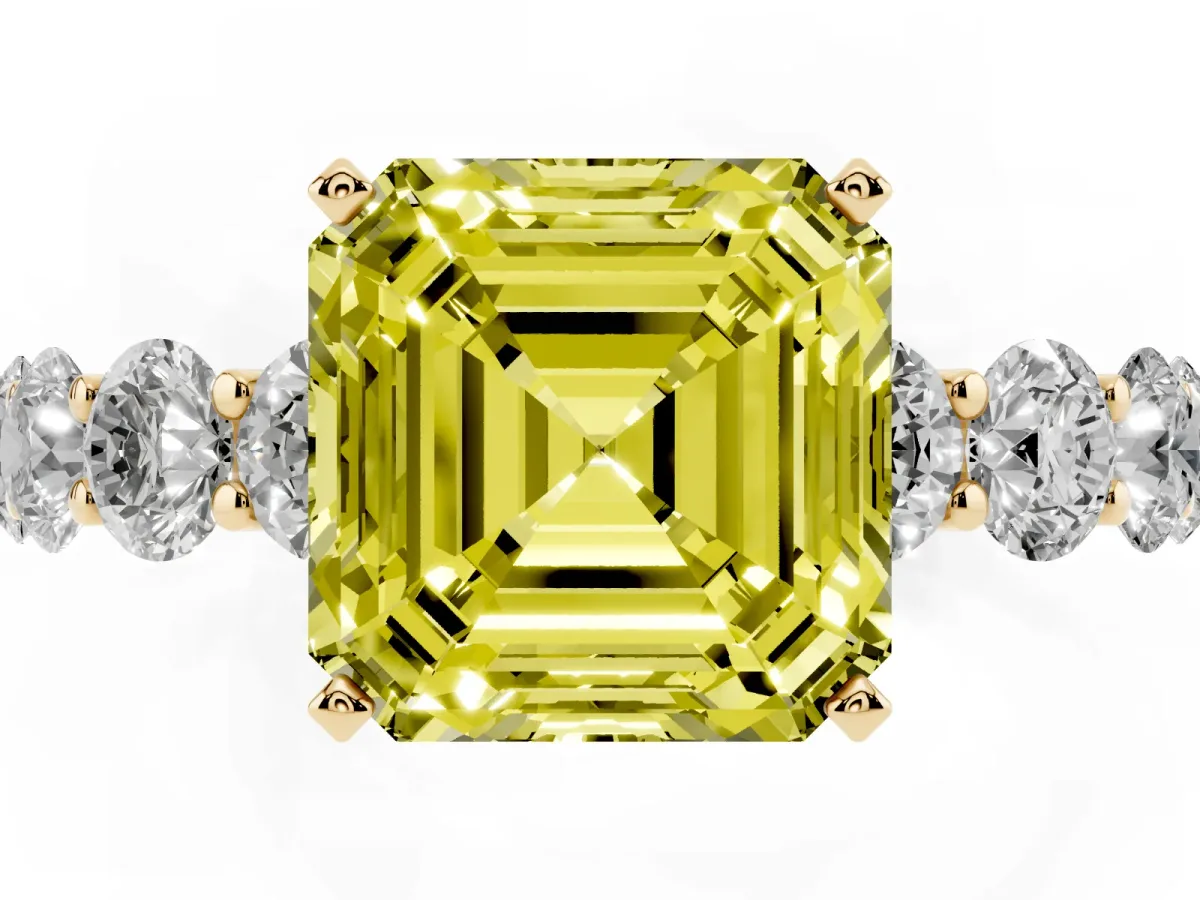 Fancy Yellow Asscher Cut Diamond Prong Setting with Side Stones on a Pave Band Yellow gold