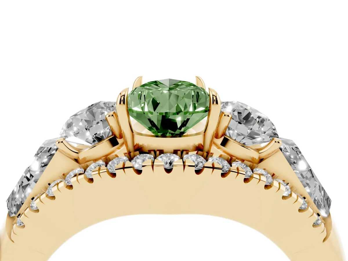 Fancy Green Three-Stone Pear Cut Diamond Engagement Ring with Pave Band and Prong Setting Yellow gold