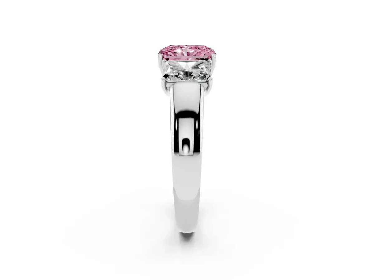 Fancy Pink Three-Stone Radiant Cut Cut Diamond Ring with Prong Setting and Classic Band Silver
