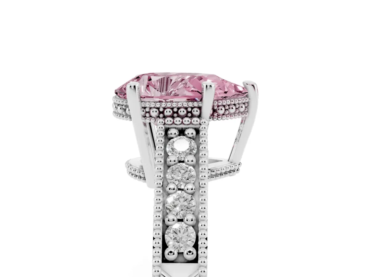 Fancy Pink Pear Cut Solitaire Pavé Diamond Milgrain Engagement Ring with Four-Prong Setting Silver